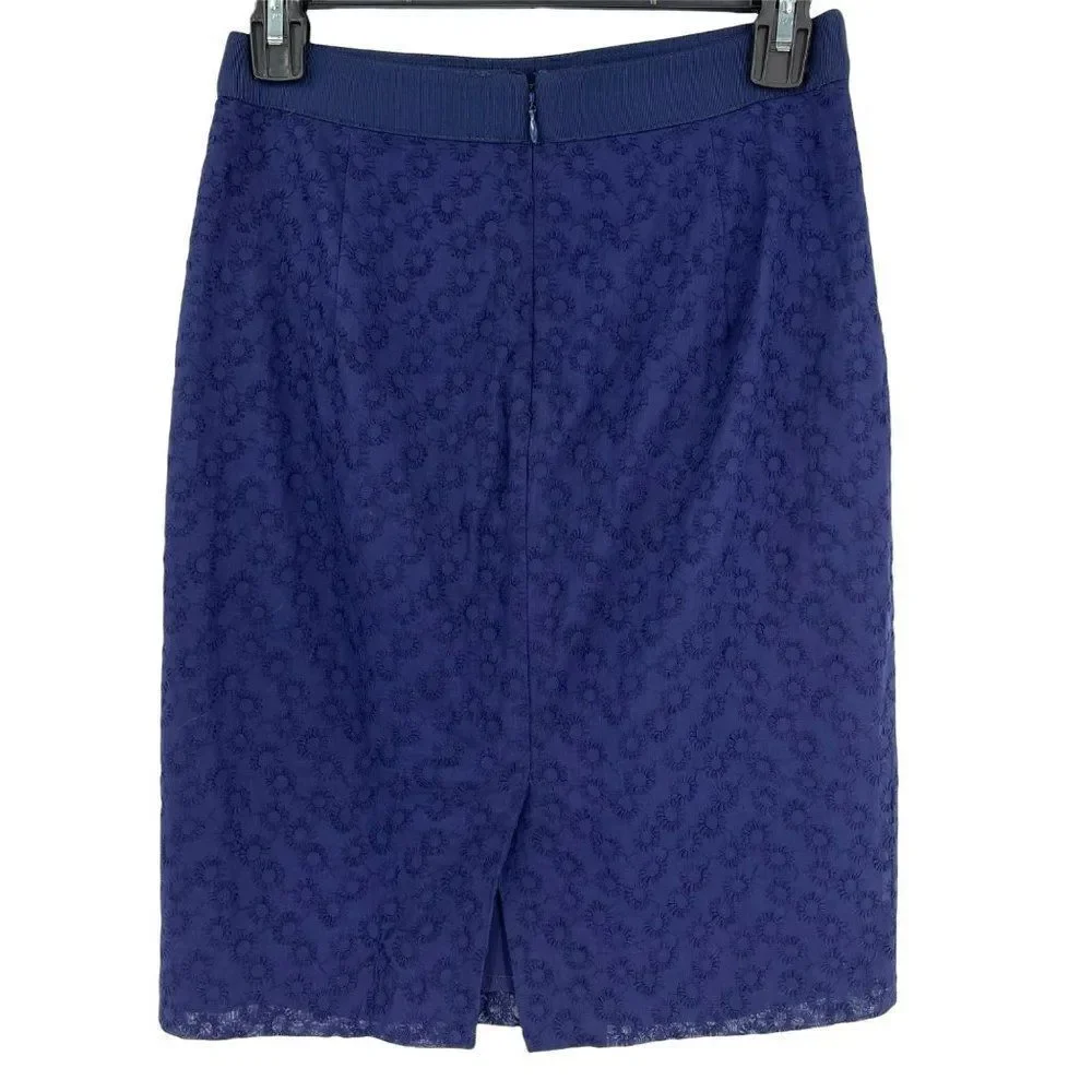 J.‎ Crew Daisy Embroidered Straight Pencil Skirt 100% Cotton Women Size 00 Navy